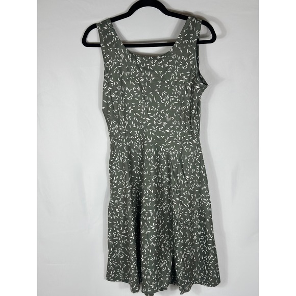 HUHOT Olive Green Leaf Print Sleeveless Midi Dress Pockets Women's Size Medium - Picture 2 of 4